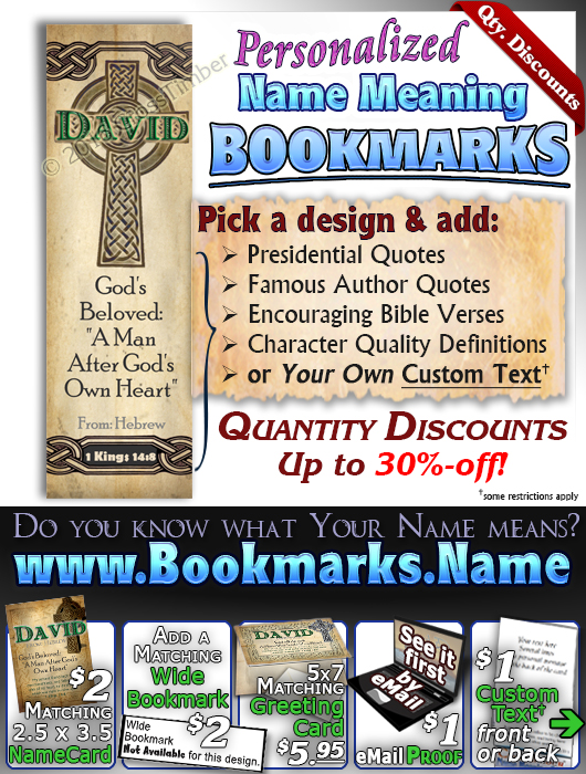BM-CE02, Name Meaning Bookmark, Personalized with Bible Verse or Famous Quote,, personalized, celtic knotwork irish gaelic cross david