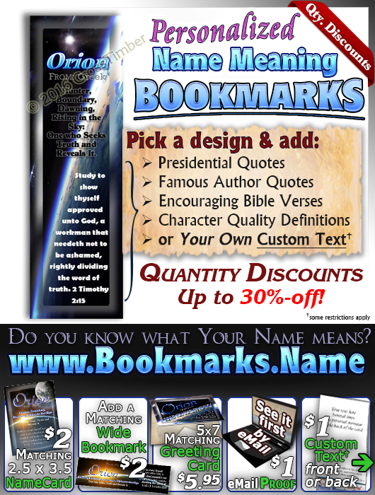 BM-CR02, Name Meaning Bookmark, Personalized with Bible Verse or Famous Quote,, personalized, space planet Orion