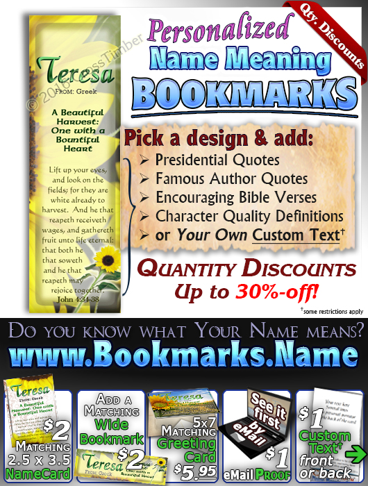BM-FL01, Name Meaning Bookmark, Personalized with Bible Verse or Famous Quote,, personalized, teresa sunflower flower