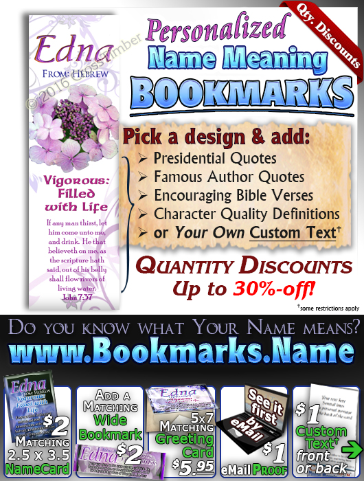 BM-FL16, Name Meaning Bookmark, Personalized with Bible Verse or Famous Quote,, personalized, flower, purple flower violet edna