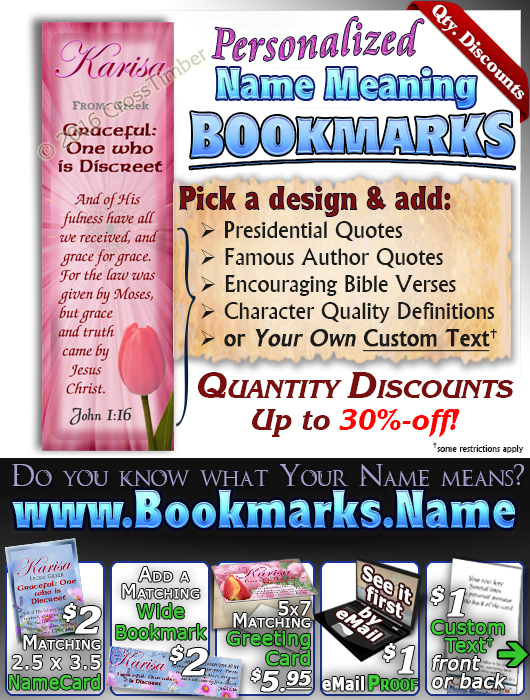 BM-FL25, Name Meaning Bookmark, Personalized with Bible Verse or Famous Quote,, personalized, floral flower, karisa pink tulips