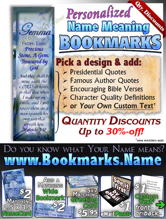 BM-FL33, Name Meaning Bookmark, Personalized with Bible Verse or Famous Quote,, personalized, floral flower, blue soft flowers Gemma