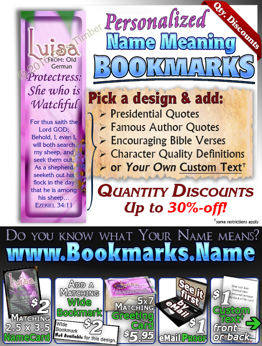 BM-FL34, Name Meaning Bookmark, Personalized with Bible Verse or Famous Quote,, personalized, floral flower,  luisa purple pink flower
