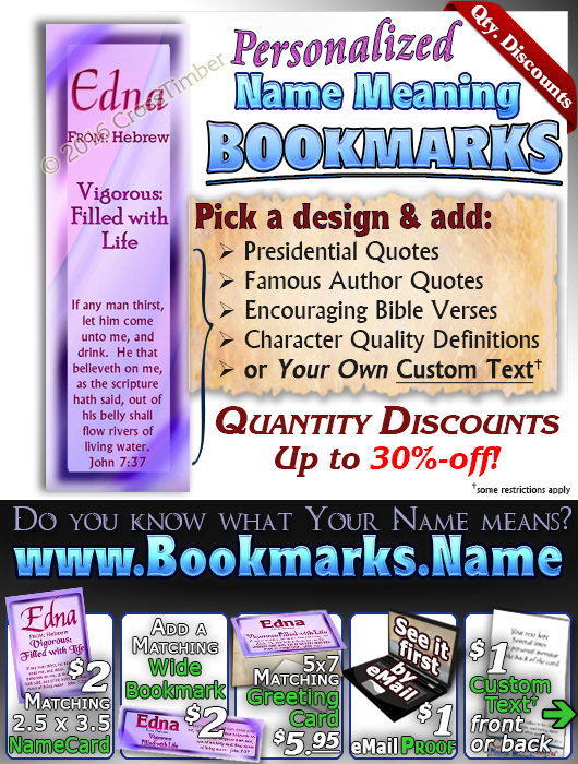BM-SM06, Name Meaning Bookmark, Personalized with Bible Verse or Famous Quote,, personalized, baby name purple pink edna simple basic