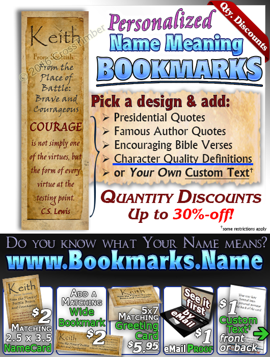 BM-SM09, Name Meaning Bookmark, Personalized with Bible Verse or Famous Quote,, personalized, parchment old simple basic keith