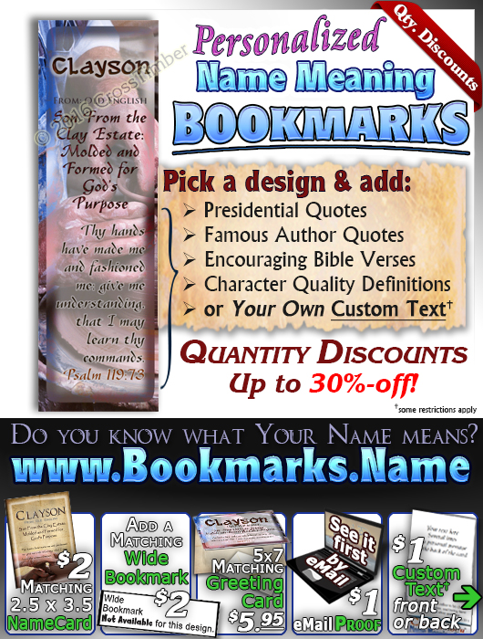 BM-SY17, Name Meaning Bookmark, Personalized with Bible Verse or Famous Quote,, personalized, clayson potter pottery clay