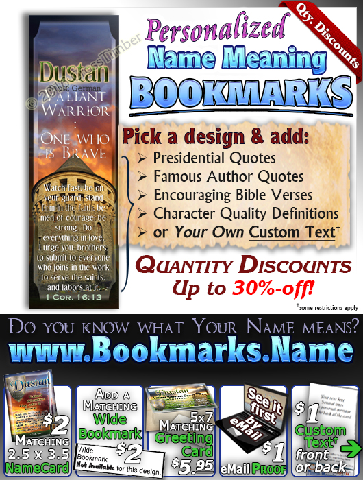 BM-SY63, Name Meaning Bookmark, Personalized with Bible Verse or Famous Quote, personalized,dustan shield sword castle knight courage