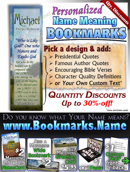 BM-TR13, Name Meaning Bookmark, Personalized with Bible Verse or Famous Quote,, personalized, lone tree integrity, michael
