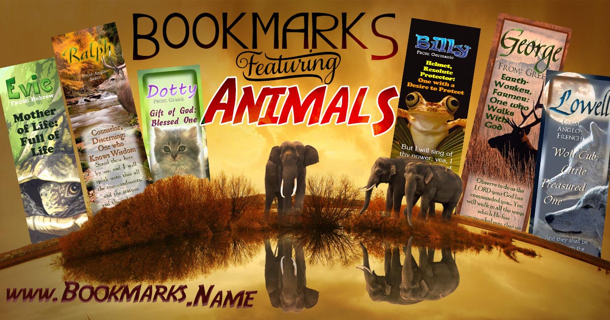 Name meaning bookmarks with cute animals; kittens, elephants, dogs, turtles