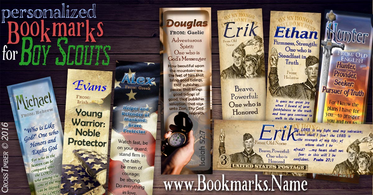 Custom-made bookmarks with name meanings and boy scouts and stamp designs