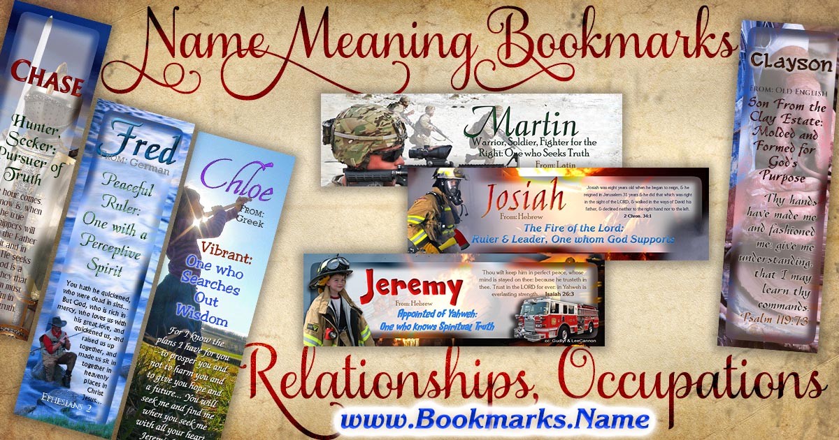 Wallet-sized name meaning bookmarks with backgrounds of people and relationships