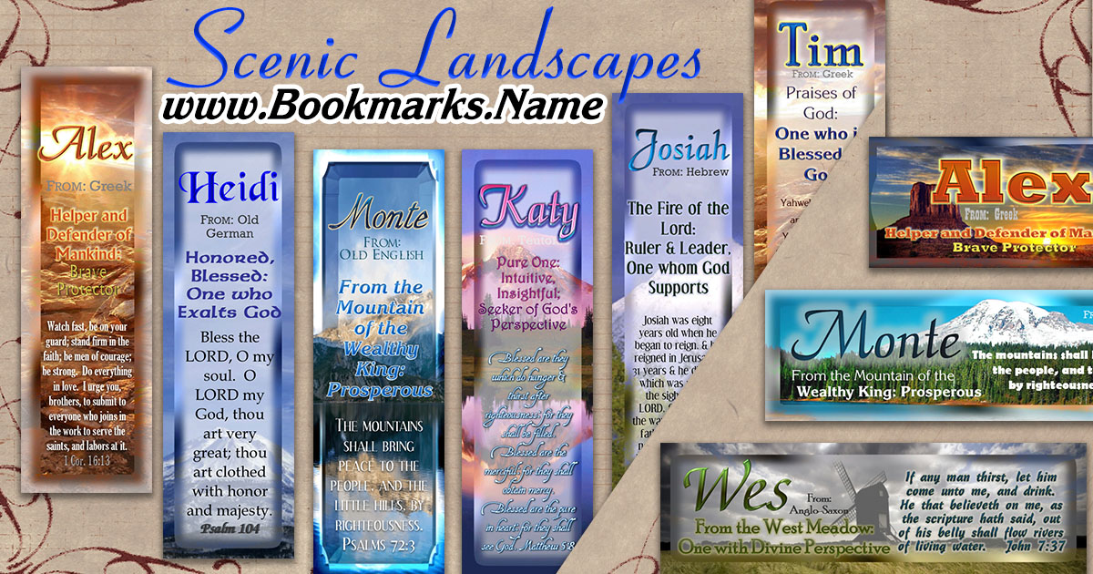 Christian name meanings printed on pocket-sized bookmarks with scenic landscapes, mountains and sunsets