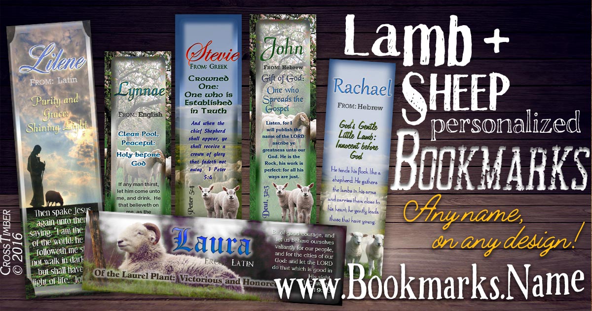 Christian name meaning bookmarks with bible verses and sheep, lamb and shepherd backgrounds