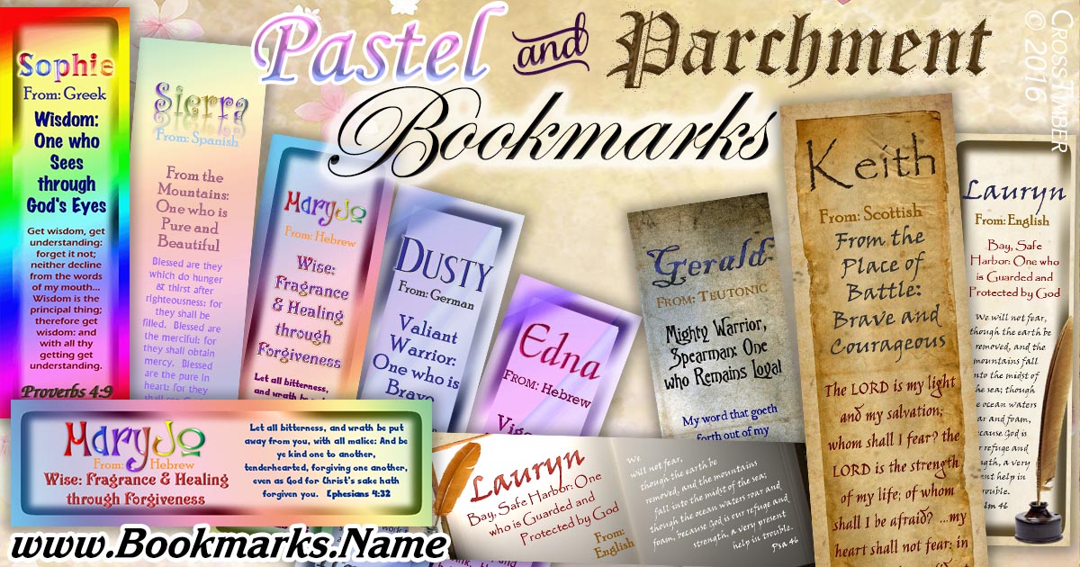 Basic, plain name meaning bookmarks with pastel colors and old parchment paper