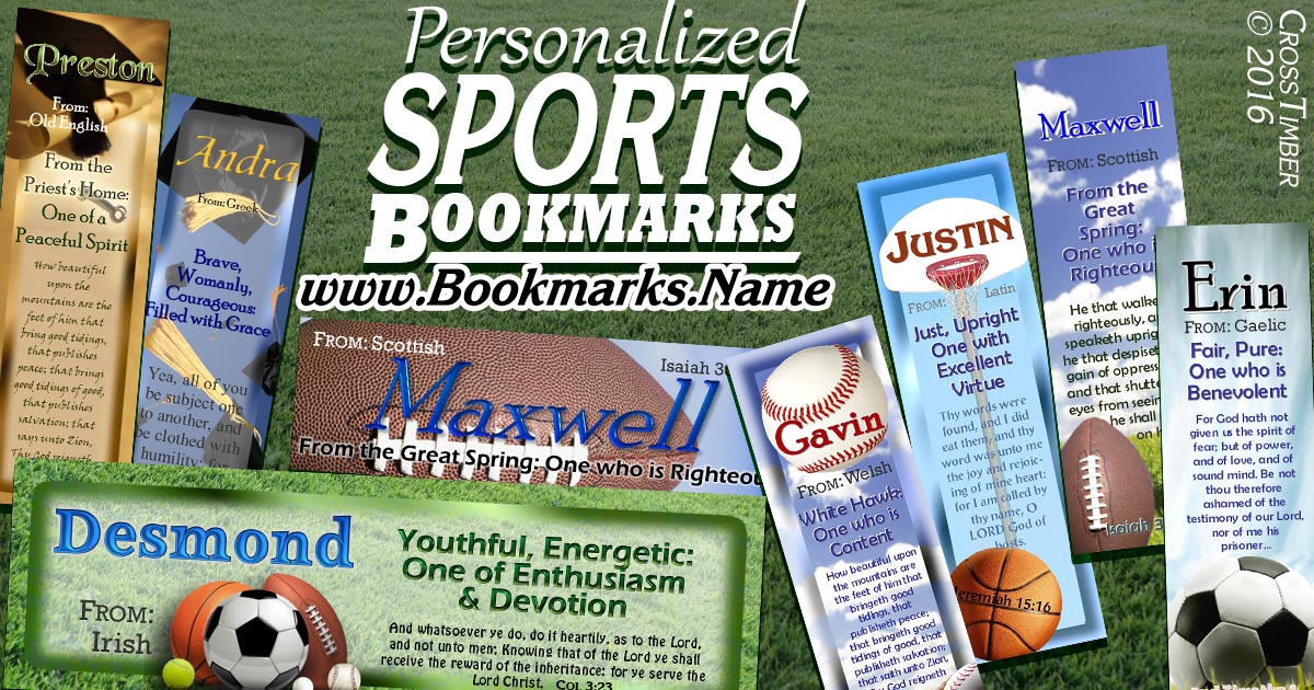 Personalized Sports-themed bookmarks with name meaning and Inspirational Quote