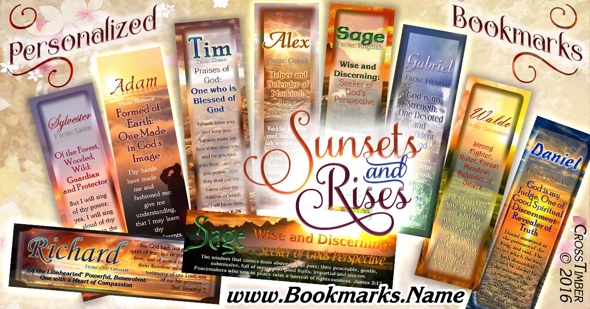 Personalized Christian name meaning bookmarks with sunsets and sunrises in the background