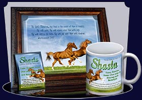 BM-AN42, Name Meaning Bookmark, Personalized with Bible Verse or Famous Quote, Playful Horses happy joyful Shasta brown