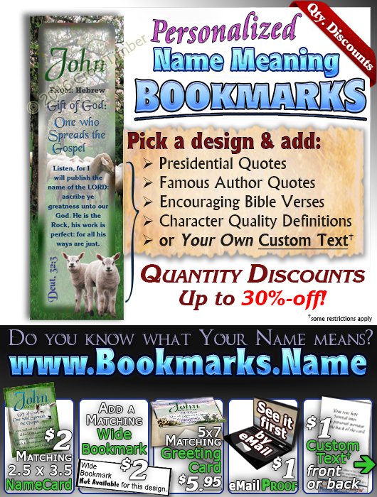 BM-AN02, Name Meaning Bookmark, Personalized with Bible Verse or Famous Quote, sheep flock lambs shepherd john
