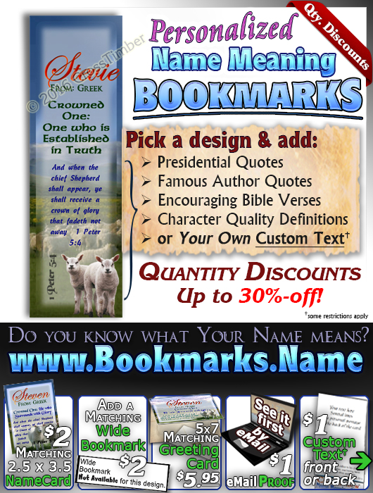 BM-AN03, Name Meaning Bookmark, Personalized with Bible Verse or Famous Quote, two lambs sheep Steven