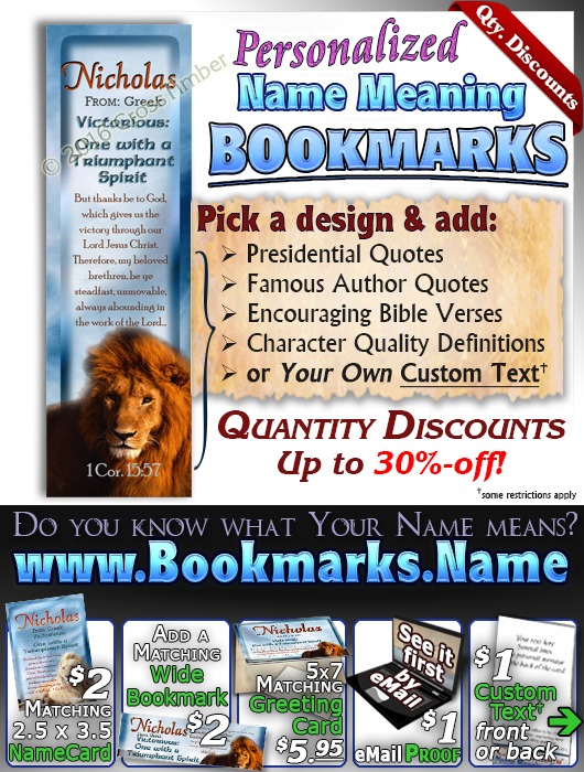 BM-AN06, Name Meaning Bookmark, Personalized with Bible Verse or Famous Quote, Nicholas, lion, bravery courage