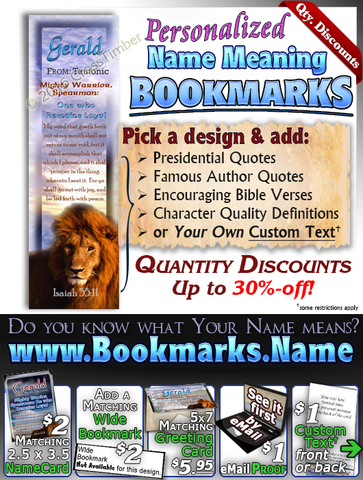 BM-AN07, Name Meaning Bookmark, Personalized with Bible Verse or Famous Quote, gerald lion, bravery courage