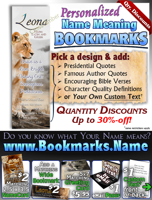 BM-AN08, Name Meaning Bookmark, Personalized with Bible Verse or Famous Quote,, leona, lion, africa.