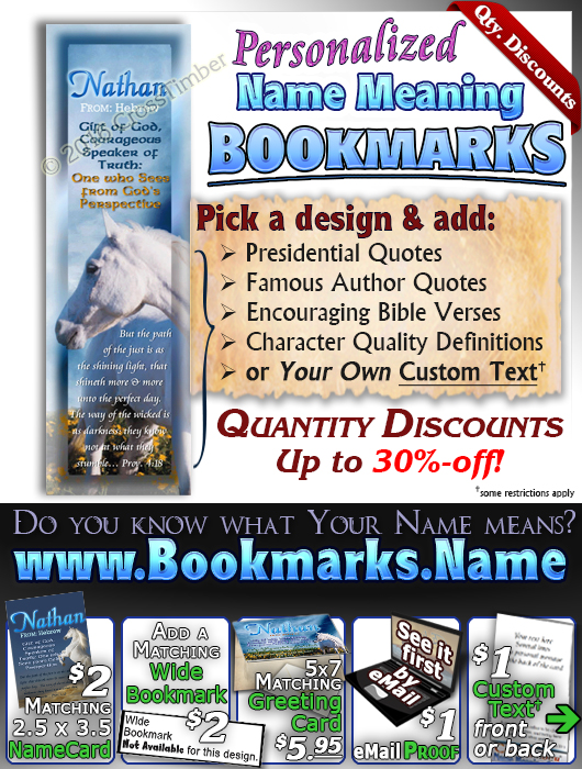 BM-AN26, Name Meaning Bookmark, Personalized with Bible Verse or Famous Quote, Nathan white horse