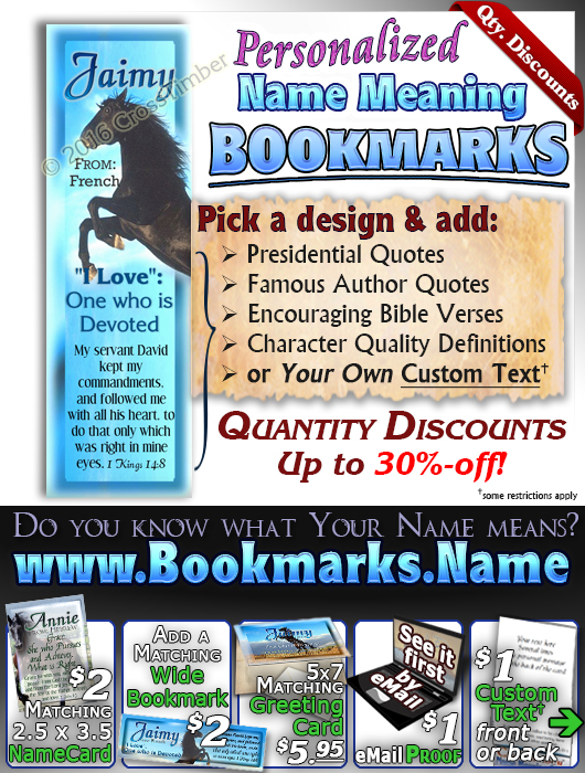 BM-AN29, Name Meaning Bookmark, Personalized with Bible Verse or Famous Quote, Jaimy black horse beauty stallion