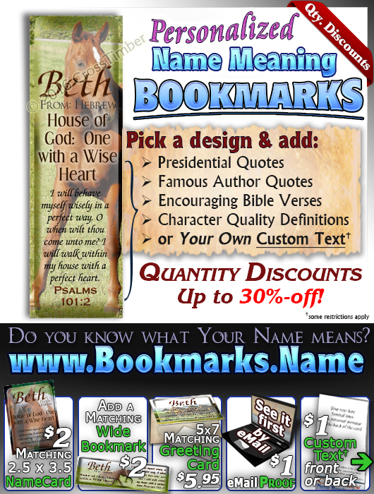 BM-AN31, Name Meaning Bookmark, Personalized with Bible Verse or Famous Quote, Beth horses