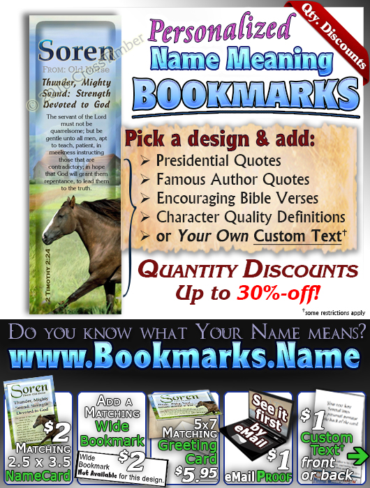 BM-AN49, Name Meaning Bookmark, Personalized with Bible Verse or Famous Quote, soren brown horse house