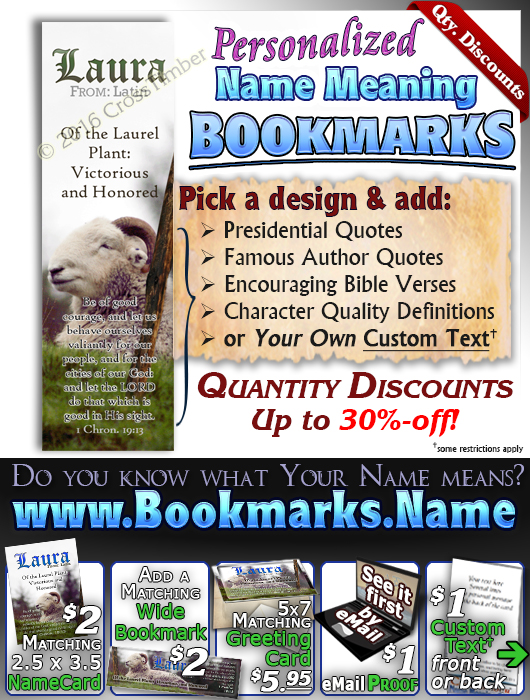 BM-AN62, Name Meaning Bookmark, Personalized with Bible Verse or Famous Quote, sheep ram shepherd flock lamb staff Laura