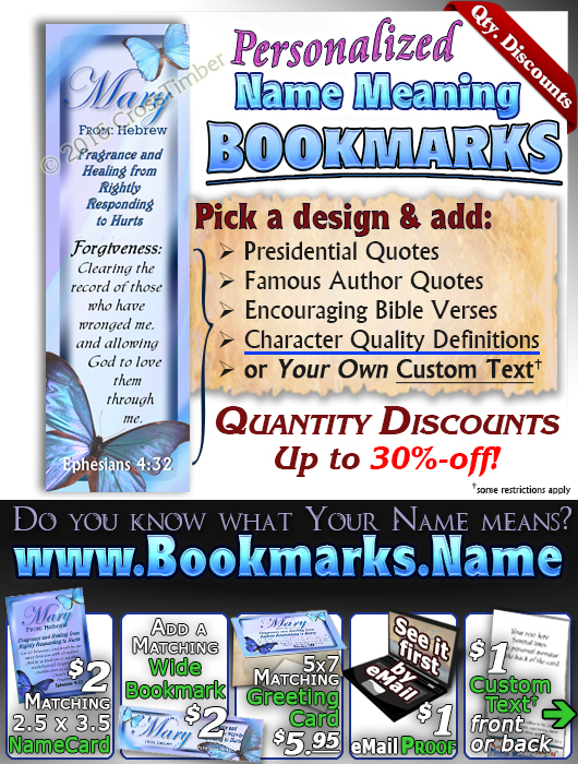 BM-BF02, Name Meaning Bookmark, Personalized with Bible Verse or Famous Quote, butterfly blue mary