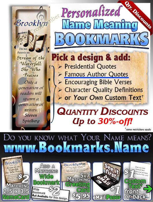 BM-MU12, Name Meaning Bookmark, Personalized with Bible Verse or Famous Quote,, personalized, music notes brooklyn