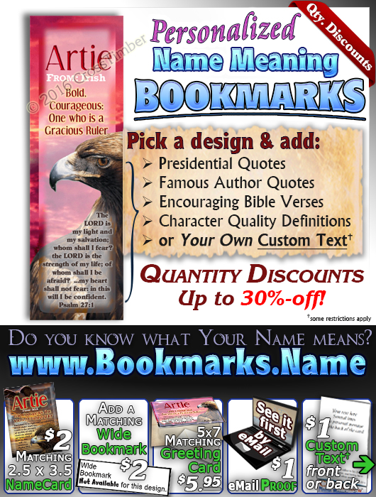 BM-AN24, Name Meaning Bookmark, Personalized with Bible Verse or Famous Quote, bird golden eagle hawk Artie