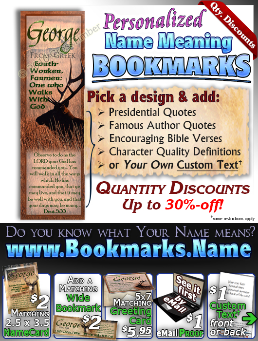 BM-AN35, Name Meaning Bookmark, Personalized with Bible Verse or Famous Quote, elk hunt, hunter, deer buck george