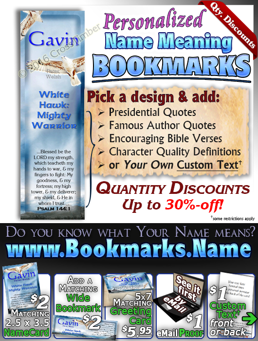 BM-AN52, Name Meaning Bookmark, Personalized with Bible Verse or Famous Quote,  white hawk Gavin bird