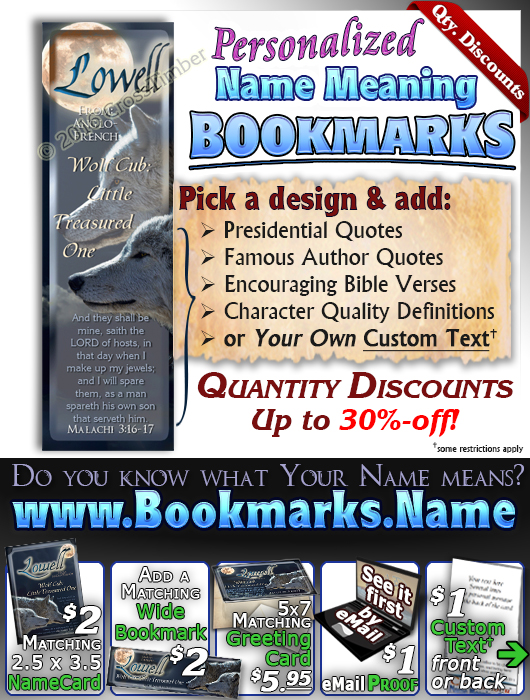 BM-AN54, Name Meaning Bookmark, Personalized with Bible Verse or Famous Quote, lowell wolf cub wolves moon night dark