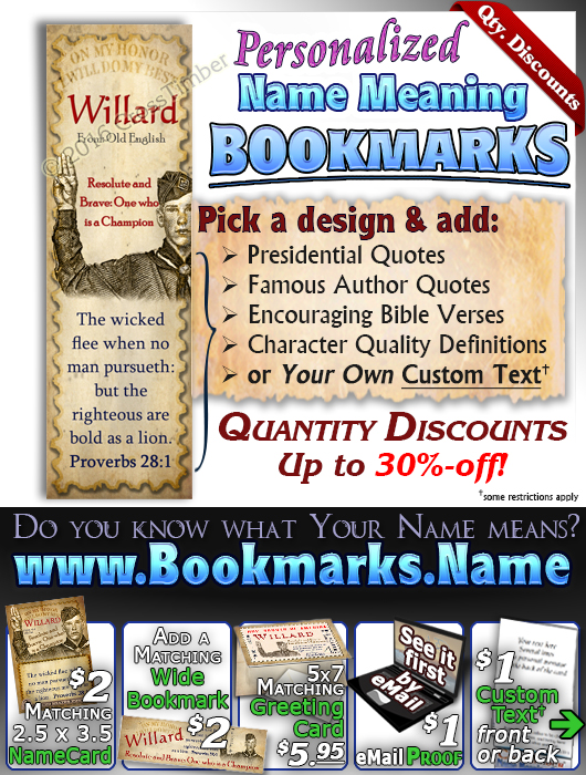 BM-CA02, Name Meaning Bookmark, Personalized with Bible Verse or Famous Quote, willard  boy scouts stamp collecting