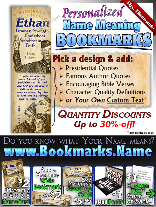 BM-CA03, Name Meaning Bookmark, Personalized with Bible Verse or Famous Quote, ethan boy scouts stamp collecting