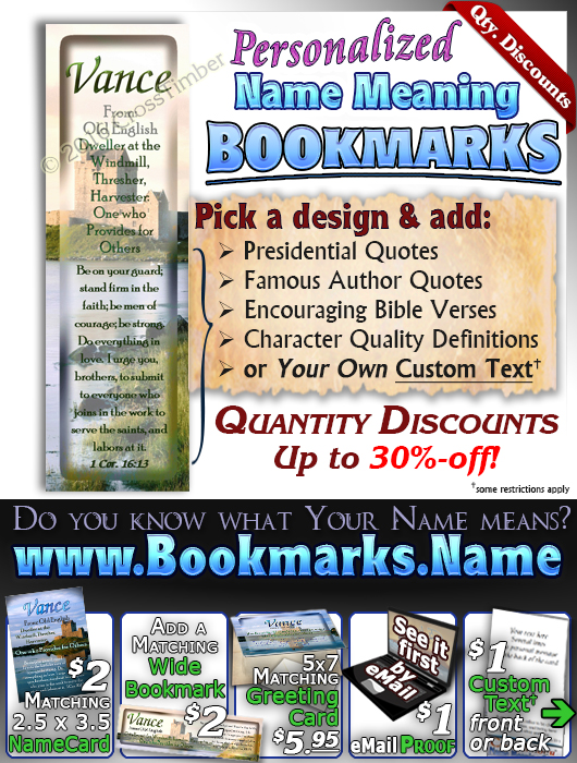 BM-SC34, Name Meaning Bookmark, Personalized with Bible Verse or Famous Quote,, personalized, vance castle lake moat