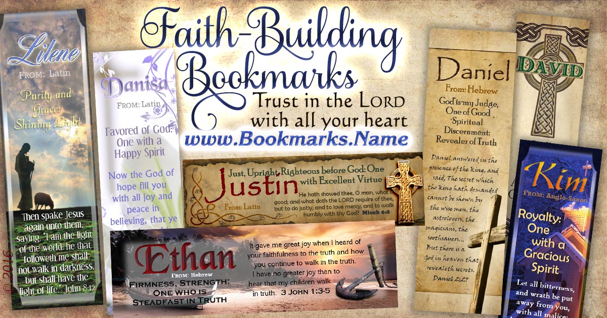 Symbols of faith and encouragement on name meaning bookmarks