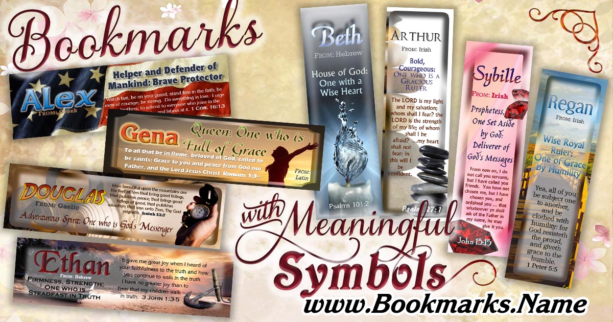 Symbolic Picture Bookmarks with name meanings.