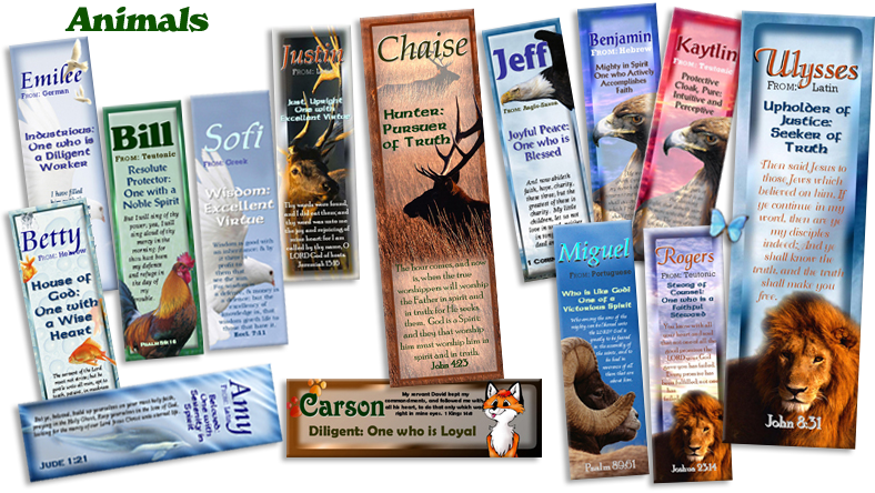 Name Meaning Bookmarks with Animals, names, origins and scripture on them!