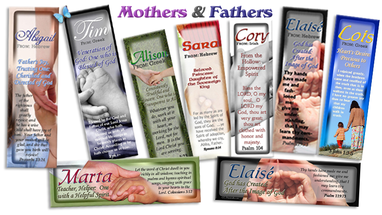 Bookmark designs for fathers, mothers, sons daughters personalize with name meanings